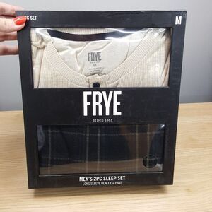 FRYE Sleepwear Mens Medium Taupe Charcoal Thermal Henley Fleece Pants Pajama Set